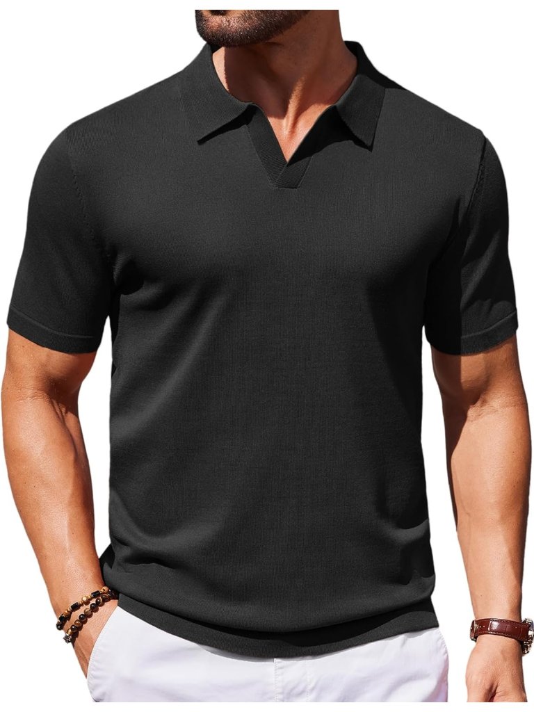 Men's Black Imported 100% Polyester V Neck Short Sleeve Stretch Knit Polo Shirt